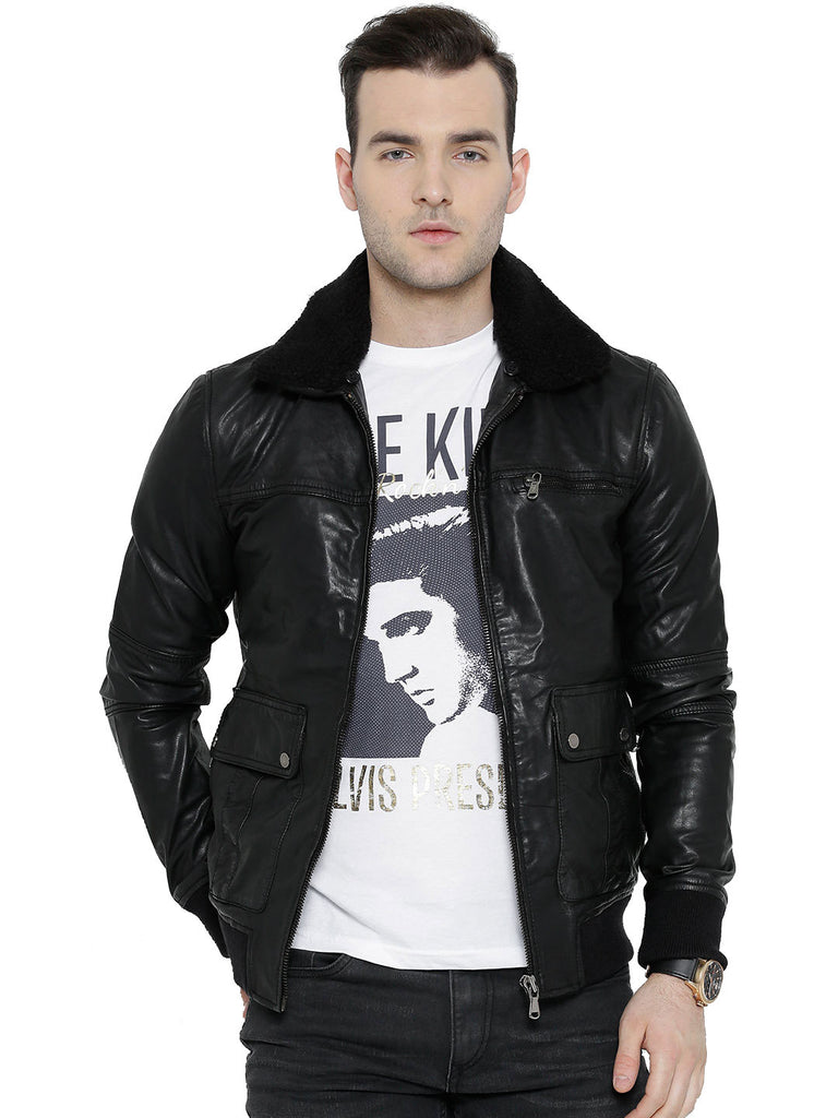 Men's White Faux Fur Black Leather Jacket