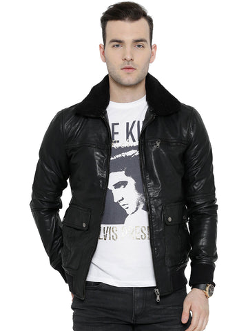 BARESKIN Black Leather Biker Jacket with Detachable Collar