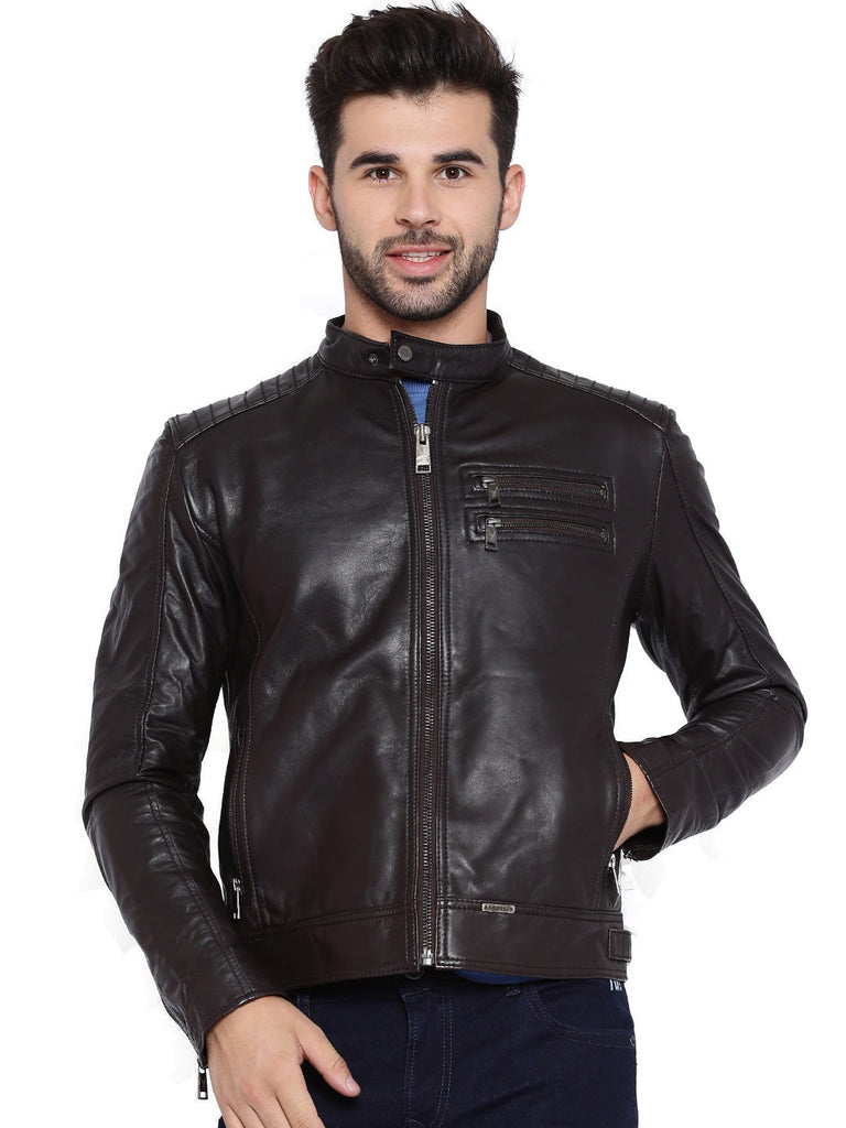 Coffee Brown Dyed Leather Jacket Phoenix Theme